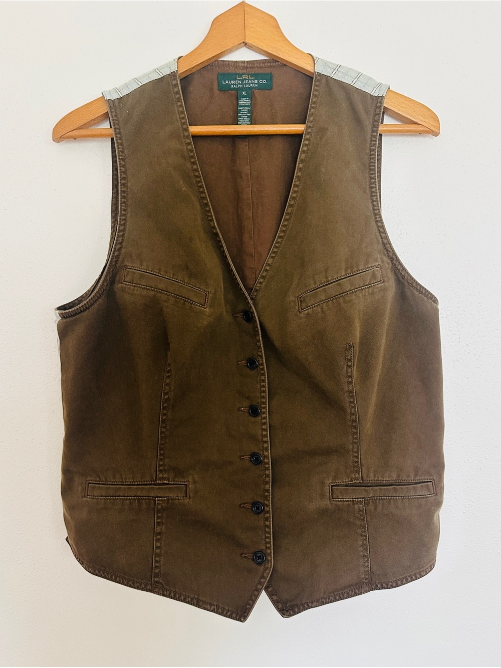 Ralph Lauren Olive Brown Cotton Button-Front Vest